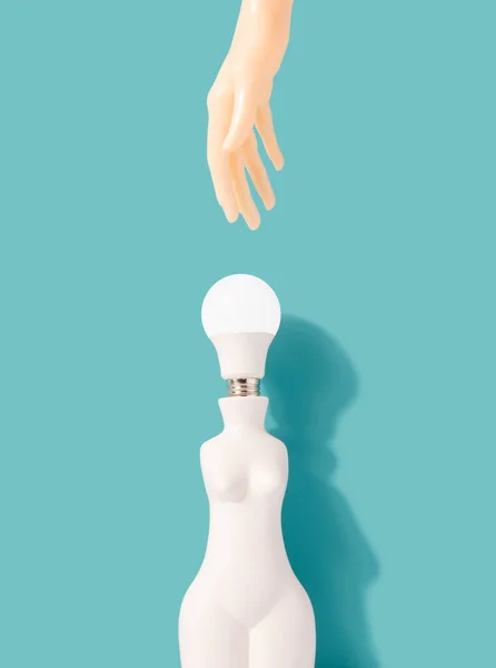 Female Shaped Vase Light Bulb Instead Head Hand Reaching Electricity — Stok Foto
