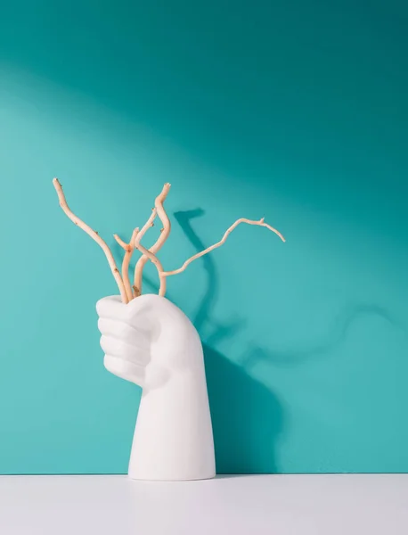 White Fist Holding Dry Branches Minty Background Climate Change Minimal — Stok Foto