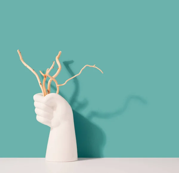 White Fist Holding Dry Branches Minty Background Environment Pollution Minimal — Stok Foto
