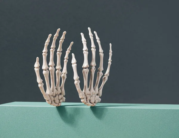 Skelet Handen Samengevoegd Een Teal Stand Halloween Santa Muerte Spookachtige — Stockfoto