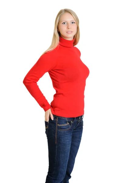 Прекрасная женщина в красной блузке — стоковое фото