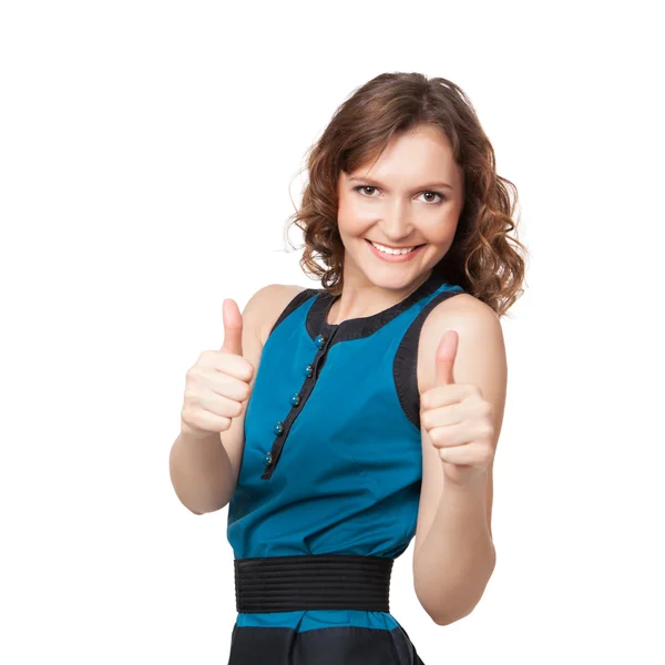 Portrait of a smiling woman while giving two thumbs up — Stock Photo, Image