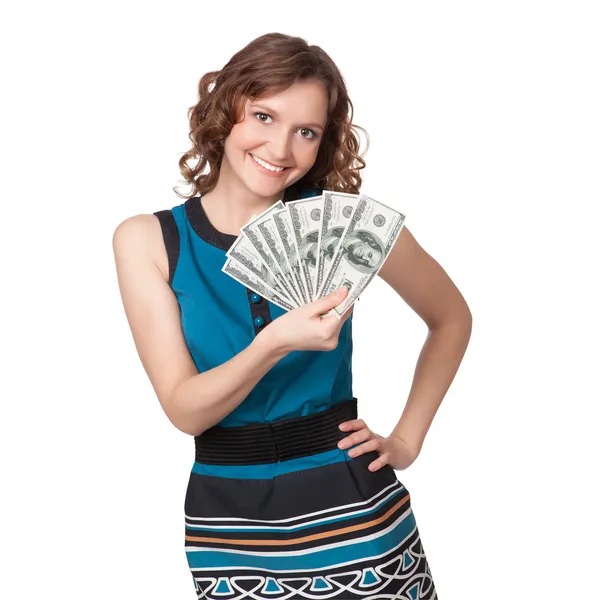 Portrait of pretty young woman holding a fan of dollar bills — Stock Photo, Image