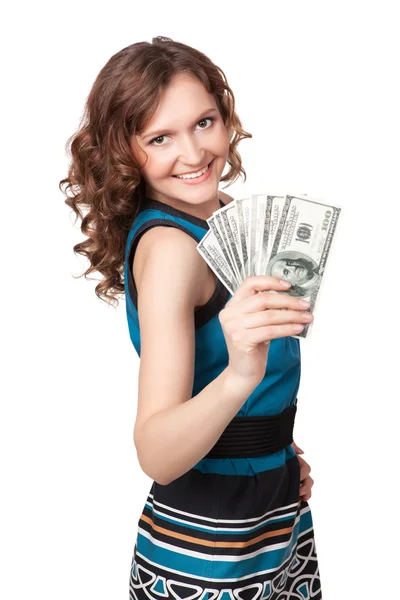 Portrait of pretty young woman holding a fan of dollar bills — Stock Photo, Image