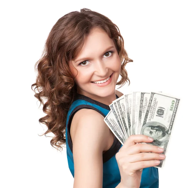 Portrait of pretty young woman holding a fan of dollar bills — Stock Photo, Image