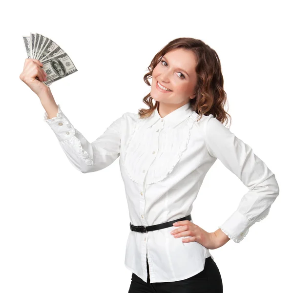 Portrait of pretty young woman holding a fan of dollar bills — Stock Photo, Image