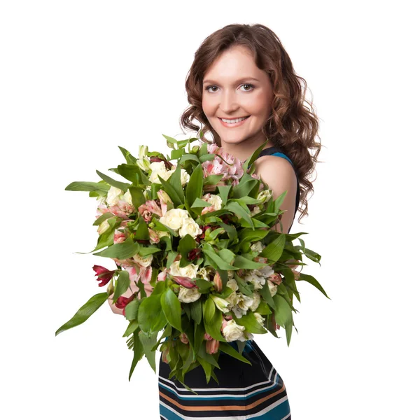 Portrait of pretty brunette holding bouquet of flowers Stock Image