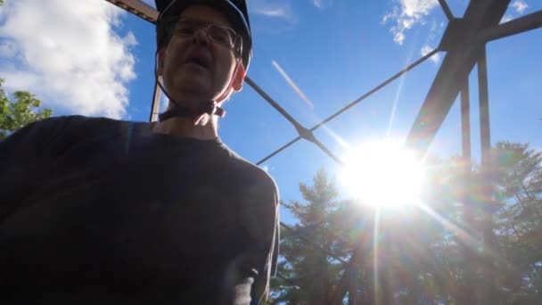 Year Old Man Walking His Bike Old Bridge High Quality — Video Stock