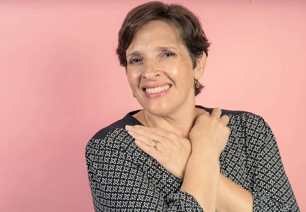 Brunette Woman Her 50S Studio Pink Background — 스톡 사진