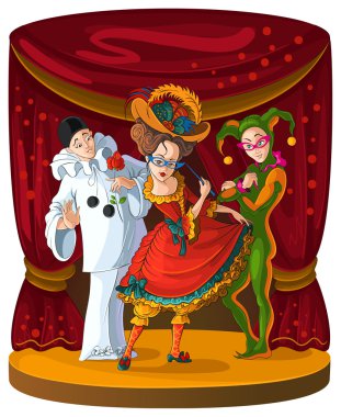 Columbine, Harlequin and Pierrot - theater comedian characters clipart