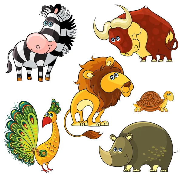 African wild animals set. Lion, buffalo, zebra, rhino, turtle, peacock — Stock Vector