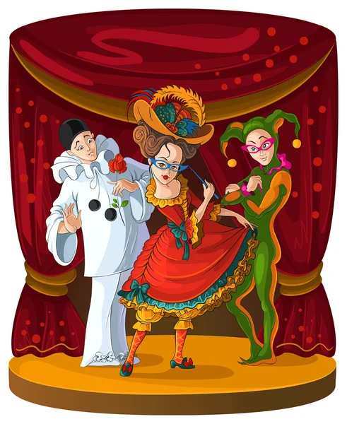 Kolumbine, Harlekin und Pierrot - Komikerfiguren im Theater lizenzfreie Stockillustrationen