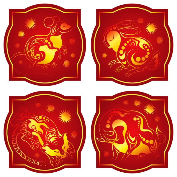 Juego de animales de horóscopo chino rojo dorado para el diseño. Rata, Buey, Tigre, Conejo — Vector de stock