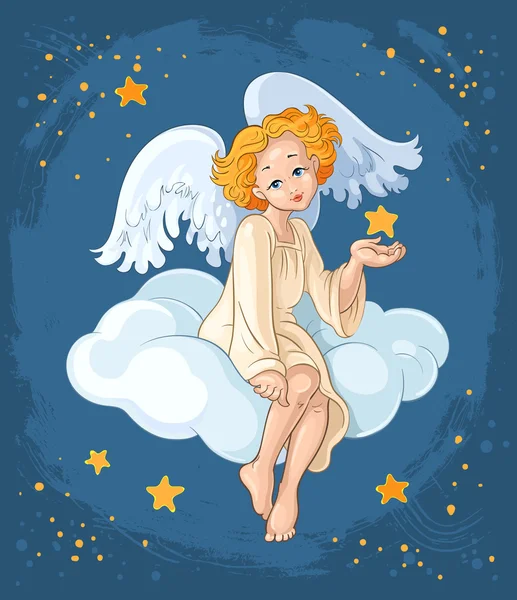 Roztomilý anděl dívka s hvězdou sedí na obláčku. Vánoční dovolená téma — Stockový vektor