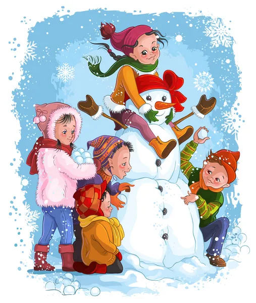 Зимові ігри, діти та сніговик. Різдвяні свята та зимова тема — стоковий вектор