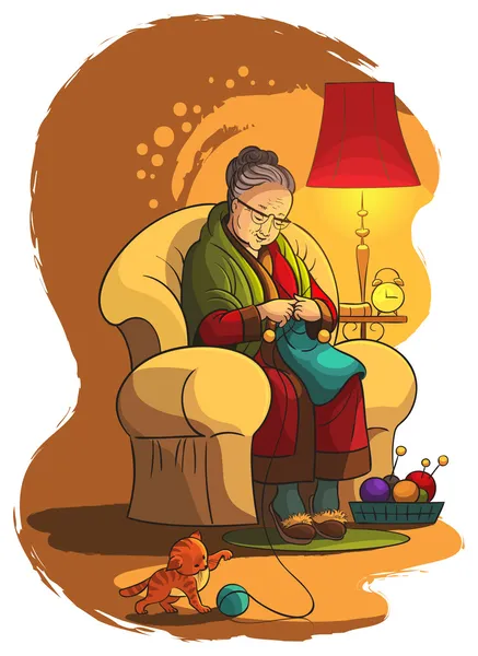 Avó sentado em poltrona e tricô. Um tema de estilo de vida, casa e família —  Vetores de Stock