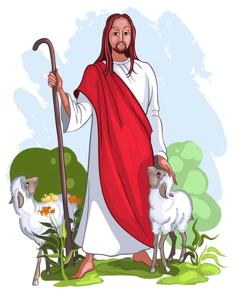 Jesus and sheep. Christian and easter theme — Stock Vector