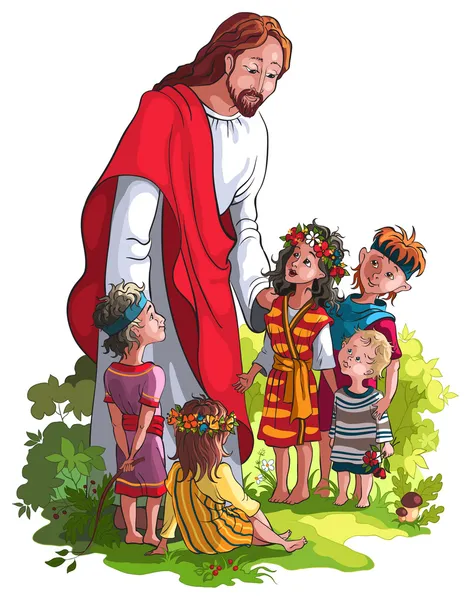 Jesús y los niños aislados en blanco — Vector de stock