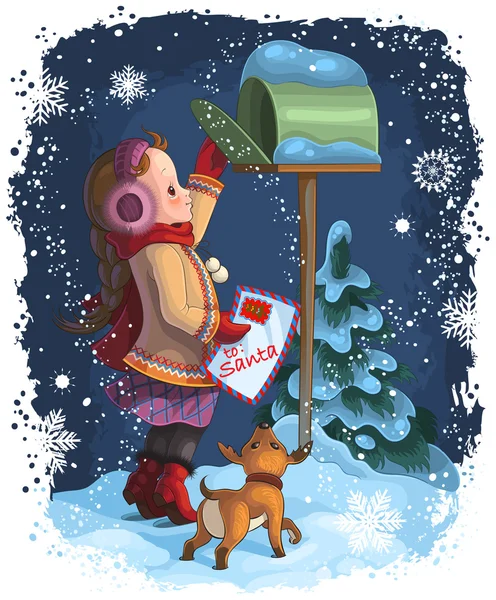 Liten flicka och hennes valp posta ett brev till santa. Christmas holiday vektor illustration — Stock vektor