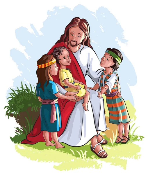 Yesus dan anak-anak terisolasi di atas putih Grafik Vektor