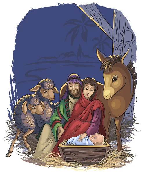 Natal presépio com a Sagrada Família. História bíblica do nascimento de Jesus Vetores De Bancos De Imagens Sem Royalties