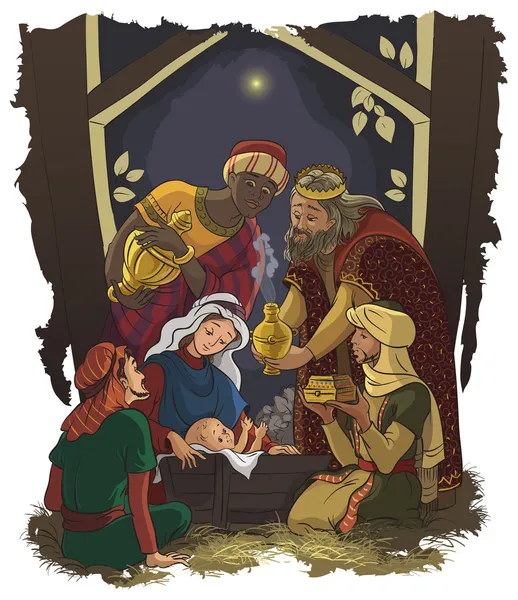 Krippe. Jesus, Maria, Josep und die drei Könige lizenzfreie Stockillustrationen