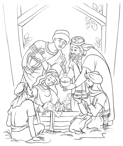 Jesus, Mary, Joseph and the Three Kings. Coloring page — Stock Vector