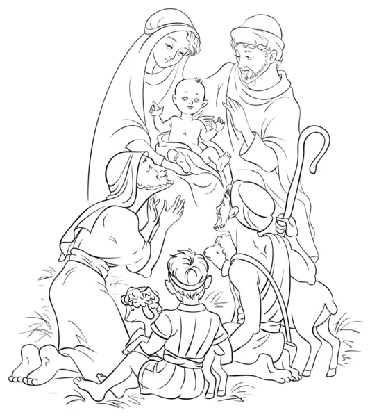 Illustratie van een kerststal - geschetst Jesus, Mary, Joseph en herders Stockvector