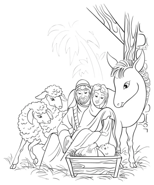 Ασπρόμαυρη Εικονογράφηση της σκηνής της γέννησης Χριστούγεννα με Αγία οικογένεια Διάνυσμα Αρχείου