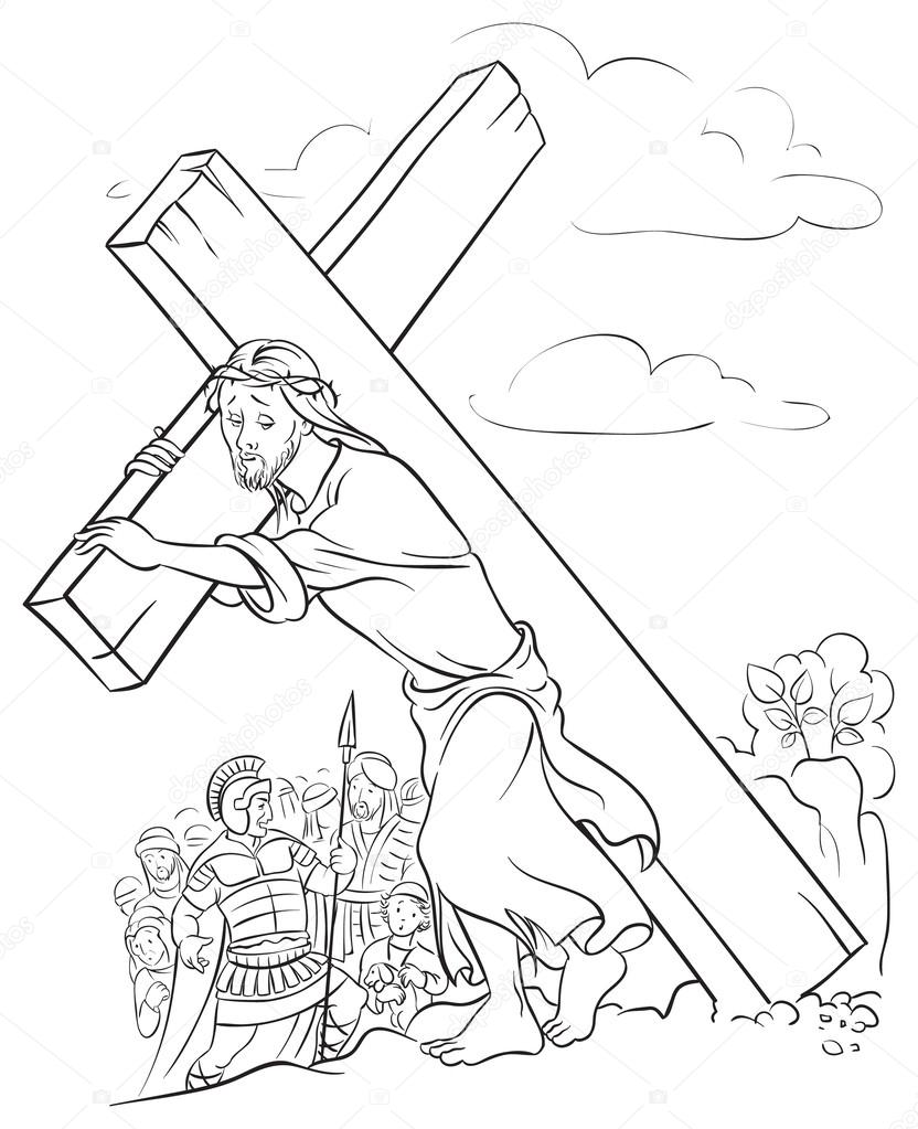 schwarzweiße abbildung des jesuschristen mit kreuz