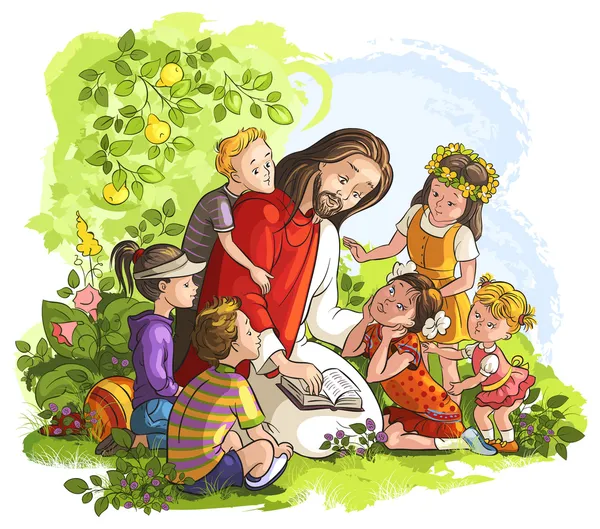 Векторная иллюстрация для Иисуса, читающего Библию с детьми — стоковый вектор