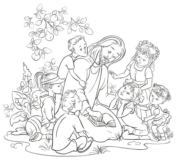 Dibujo para colorear vector Jesús leyendo la Biblia con niños — Archivo Imágenes Vectoriales