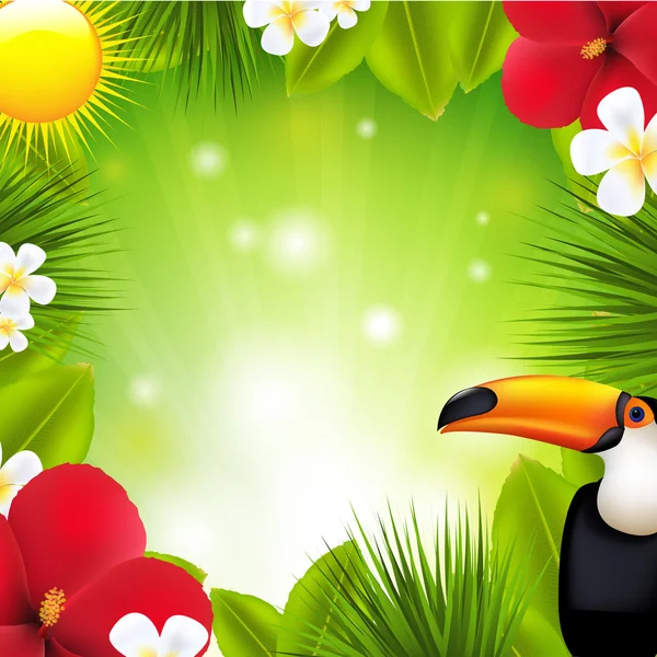 Fondo verde con elementos tropicales y flores — Vector de stock