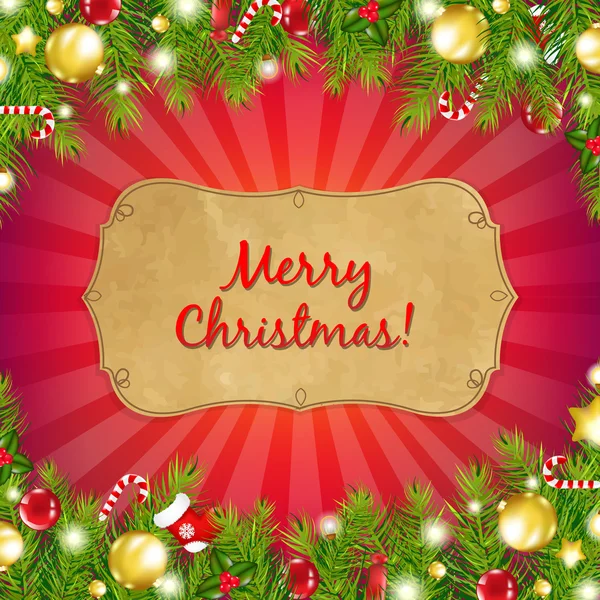 Rosso sfondo di Natale con Sunburst con albero di abete — Vettoriale Stock