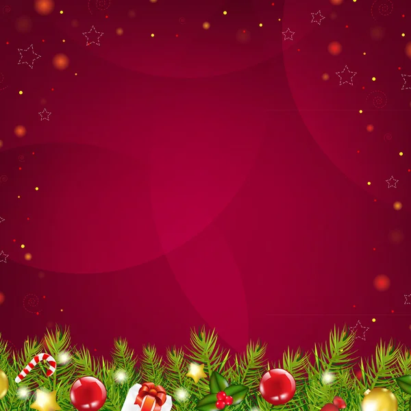 Kerstmis donkere rode achtergrond met sterretjes en zwarte spar boom — Stockvector