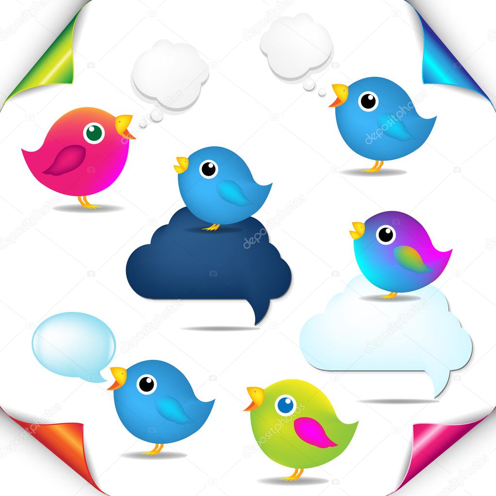 Color Birds Set With Corners And Speech Bubble