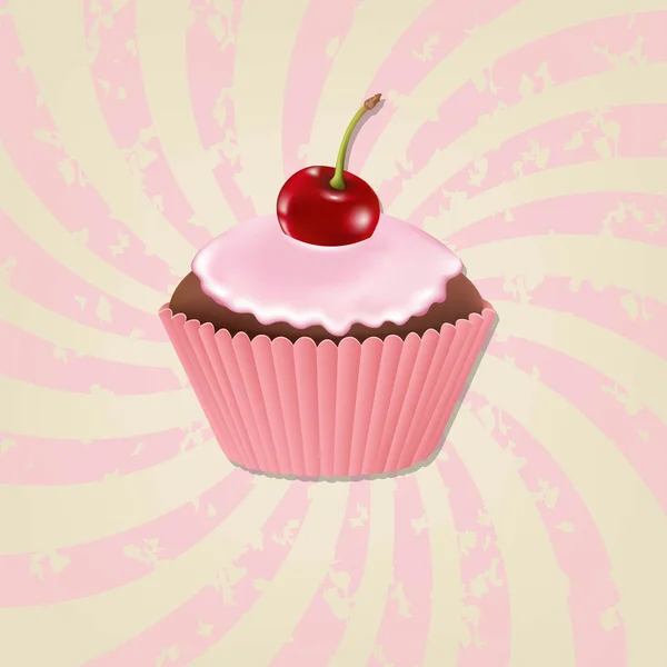 Cupcake med grädde och körsbär och vintage sunburst — Stock vektor