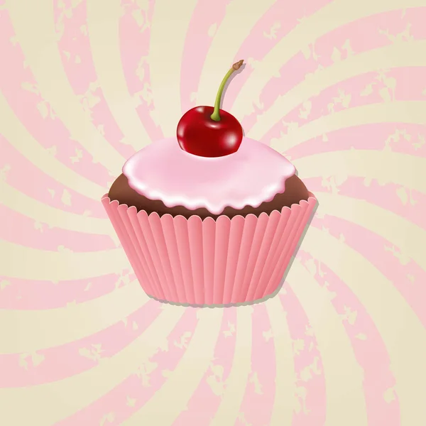 Cupcake με κρέμα και κεράσι και vintage ηλιοφάνεια — Διανυσματικό Αρχείο