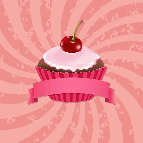 Cupcake mit Sahne Kirsche und Sunburst — Stockvektor