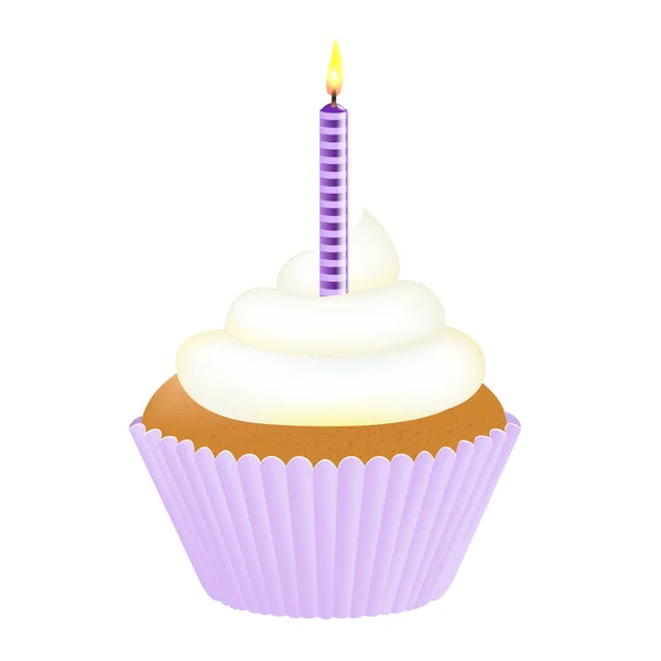 Cupcake com creme e vela violeta —  Vetores de Stock