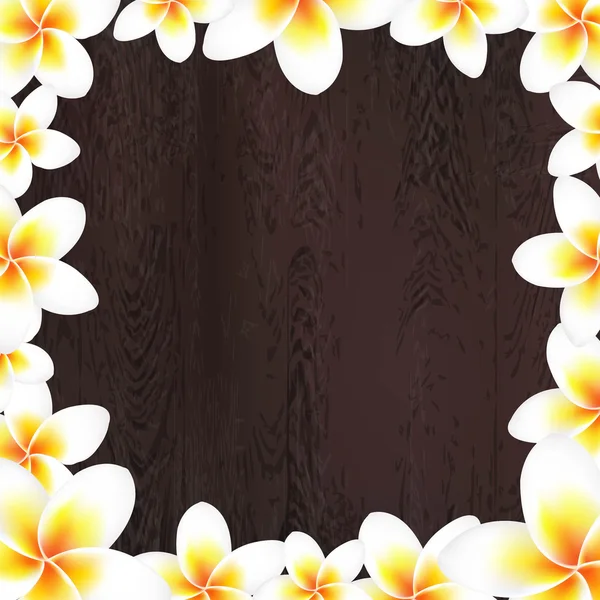 White Frangipani Frame With Wood Background — Stock Vector