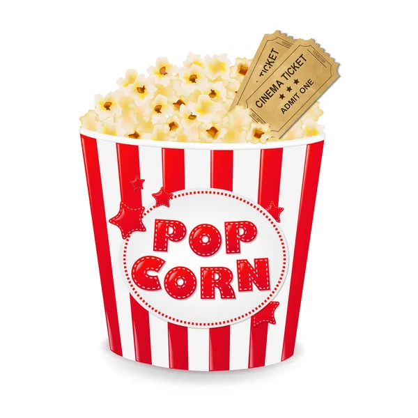 Popcorn dans la boîte en carton avec des billets cinéma — Image vectorielle