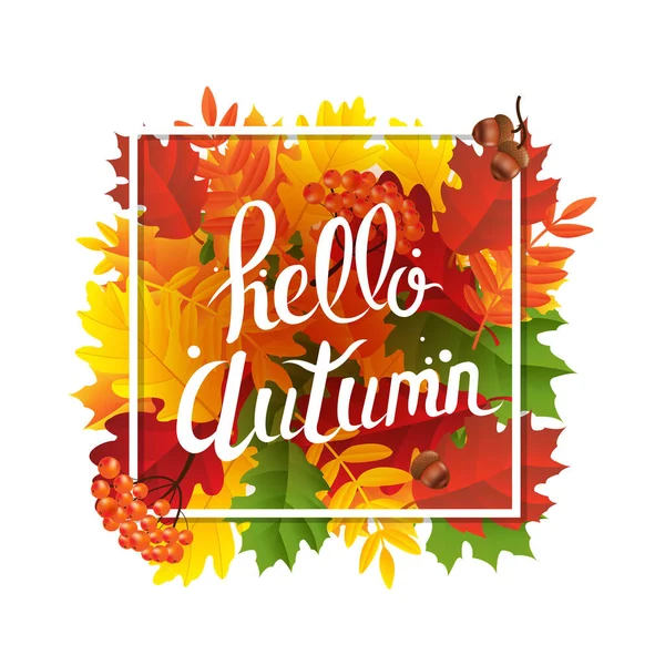 Осенний плакат с зелёными и жёлтыми листьями — стоковый вектор