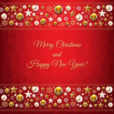 Altın Noel Oyuncakları ve Yıldızların Kırmızı Arkaplanlı Noel Sınırı