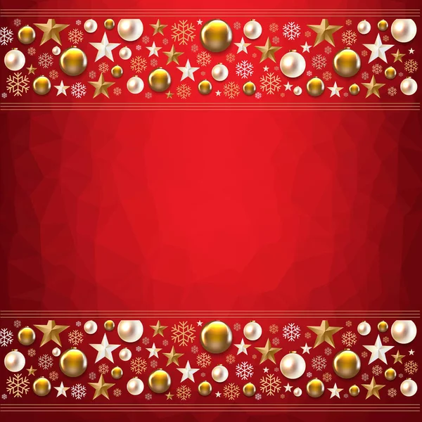 Vánoční hranice se zlatými vánočními hračkami a hvězdami červené pozadí — Stockový vektor