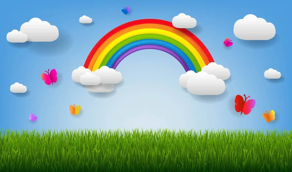 Natuurposter met groen gras en vlinder en regenboog — Stockvector