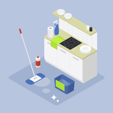 Isometric Ev Temizliği Çizimi
