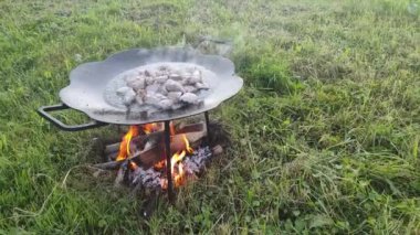 Et yuvarlak bir tavada pişirilir. Vahşi doğa. Açık havada bulaşıklar
