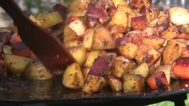 Mięso z ziemniakami i warzywami jest smażone — Wideo stockowe