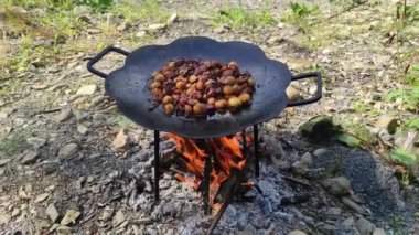 Barbekü tepsisi ateşte. Yangında kavrulmak. Haşlanmış et ve kızarmış patates